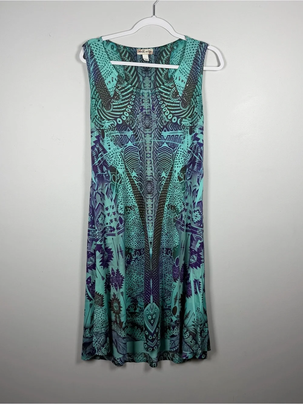 Unity World Wear Sun Dress Large Abstract Aztec Resort Vacation Slinky Teal Boho